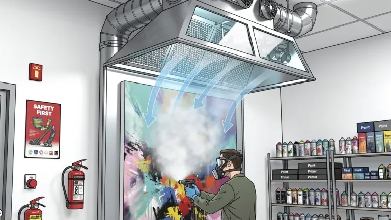 Artist in a well-ventilated aerosol studio, fumes effectively cleared.