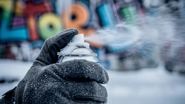 Aerosol spray can in action during winter, preventing valve freeze.