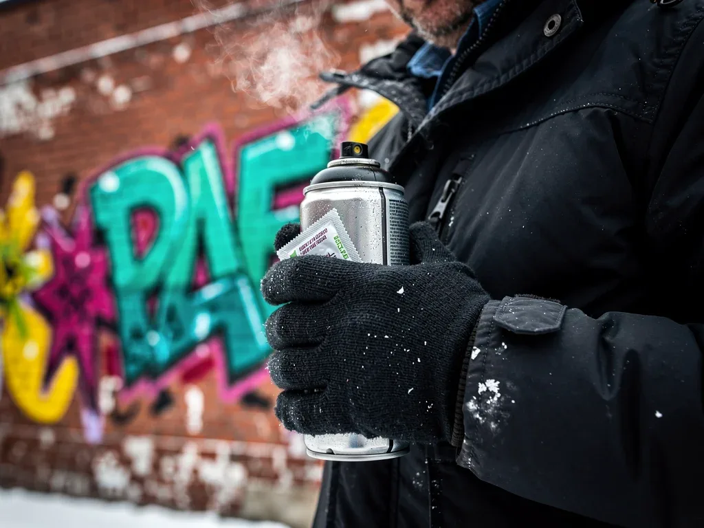 Graffiti artist warming aerosol can in cold conditions.