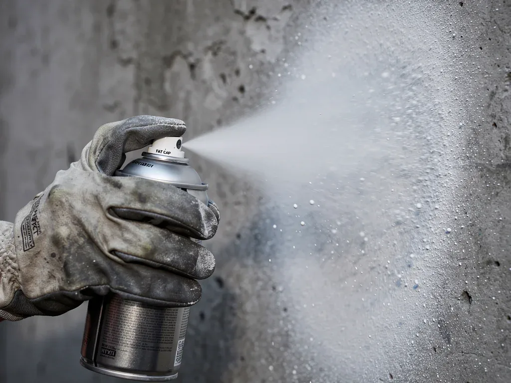 Graffiti artist demonstrating wide spray pattern with an NY Fat Cap on a concrete wall.