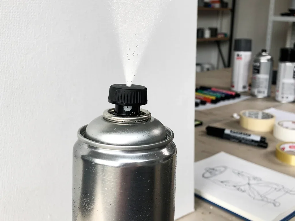 Astro Fat Cap delivering a concentrated, precise spray on a canvas in a studio environment.