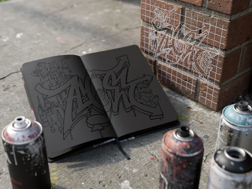 Blackbook sketch and doodle-grid scaling on a brick wall for large graffiti art.