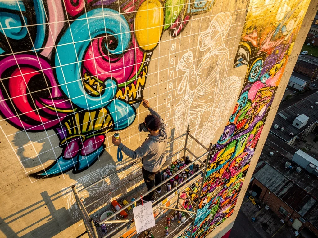 Graffiti artist on scaffolding using precise grid scaling for a large wall mural.
