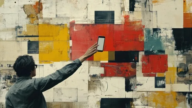 A person holding a smartphone up to a vibrant abstract mural on a building wall, with translucent digital lines and geometric shapes appearing on the phone screen, clearly showing the augmented reality effect.
