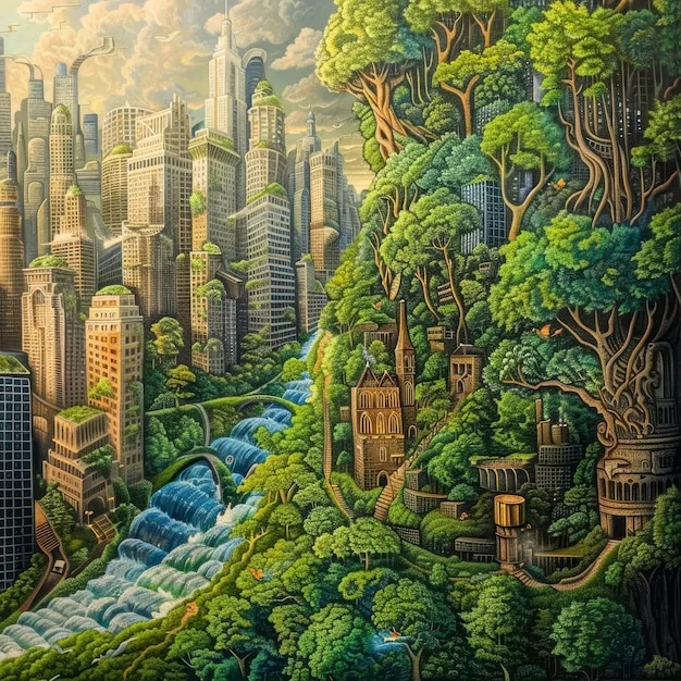 A vibrant, eco-themed mural on the side of a building, illustrating a lush forest merging with urban elements, adorned with symbols of renewable energy and a message of environmental protection.