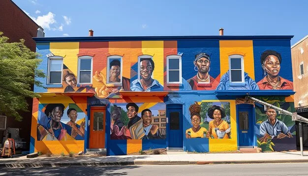 A diverse group of people, including community elders and young artists, collaborating on a large, colorful mural on a building wall in an urban neighborhood, depicting local history and culture.