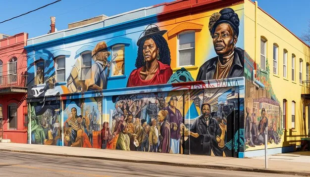 A mural in a vibrant urban setting, depicting diverse hip-hop artists from around the world, united by themes of social justice and global solidarity. The artwork is colorful and impactful, representing unity through music.