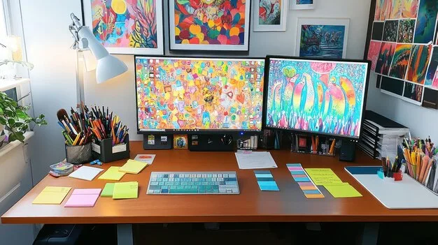 A vibrant, detailed illustration of a graphic designer's workspace, filled with sketchbooks, digital tablets displaying complex vector art, streetwear apparel samples, and design tools, capturing a creative, busy atmosphere.