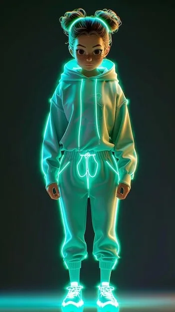A futuristic rendering of digital streetwear, possibly featuring an avatar wearing a unique, glowing tracksuit and sneakers within a metaverse environment, showcasing virtual fashion.