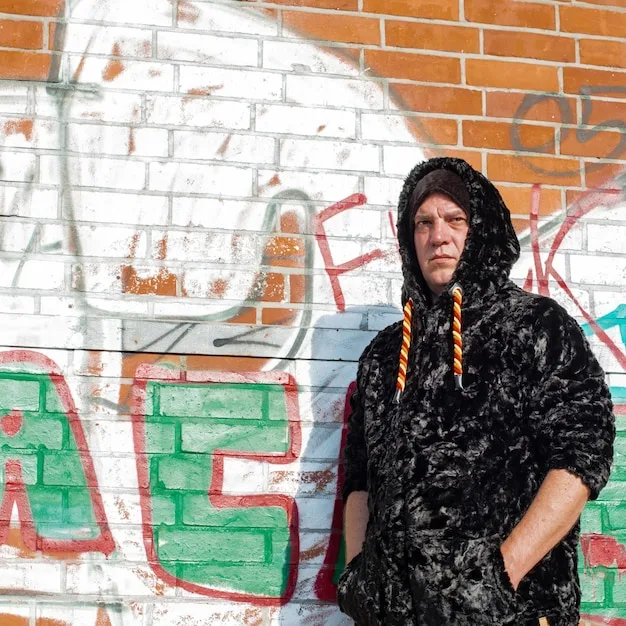A close-up shot of a streetwear hoodie featuring intricate embroidery and vibrant graffiti-style artwork, with a blurred urban backdrop of brick walls and faint tagging.