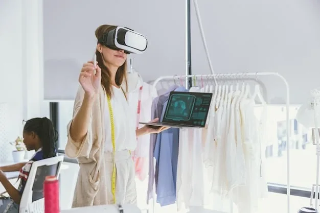 A designer's futuristic studio, with digital garment designs on screens and samples of innovative bio-materials laid out.