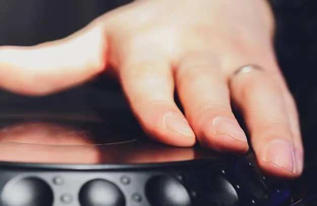 A close-up of a musician's hands on a mixing board, with a holographic overlay of blockchain nodes and decentralized network connections, emphasizing the technical intersection of music production and Web3.