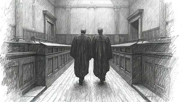 A stylized courtroom sketch showing a graffiti artist, represented by their unique tag, standing before a judge with a copyright symbol overhead.