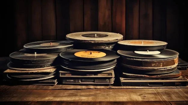 A stack of old vinyl records on a turntable, with subtle visual effects suggesting digital manipulation and layering, illustrating the evolution from physical sampling to digital techniques, bathed in warm, nostalgic light.