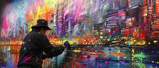 A detailed photo of a graffiti artwork being scanned by a device, with blockchain ledger interface displayed on a tablet in the background, symbolizing digital authentication.