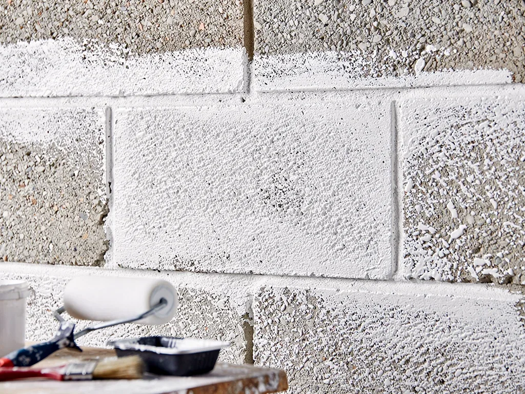 Close-up of a primed cinder block wall, showcasing the smooth, sealed surface after acrylic primer application.