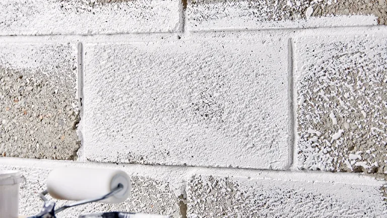 Close-up of a primed cinder block wall, showcasing the smooth, sealed surface after acrylic primer application.