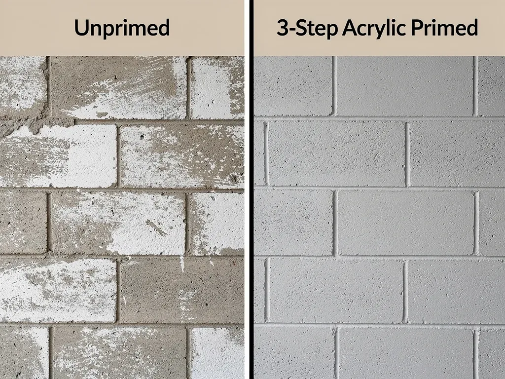 Comparison of unprimed vs. 3-step acrylic primed cinder block walls showcasing paint absorption differences.