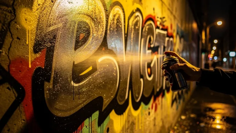 Dynamic 3-color chrome and black graffiti throw-up on a wall, showing artistic speed.