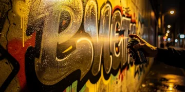 Dynamic 3-color chrome and black graffiti throw-up on a wall, showing artistic speed.