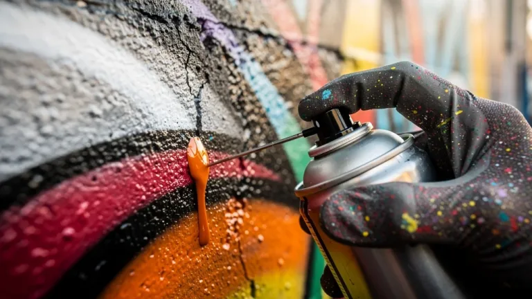 Hand with cut-in cap approaching a paint drip on a finished graffiti art piece.