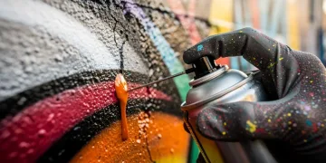 Hand with cut-in cap approaching a paint drip on a finished graffiti art piece.
