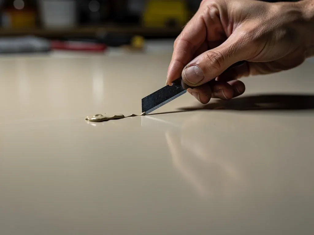 Razor blade carefully removing a dried paint drip from a painted surface.
