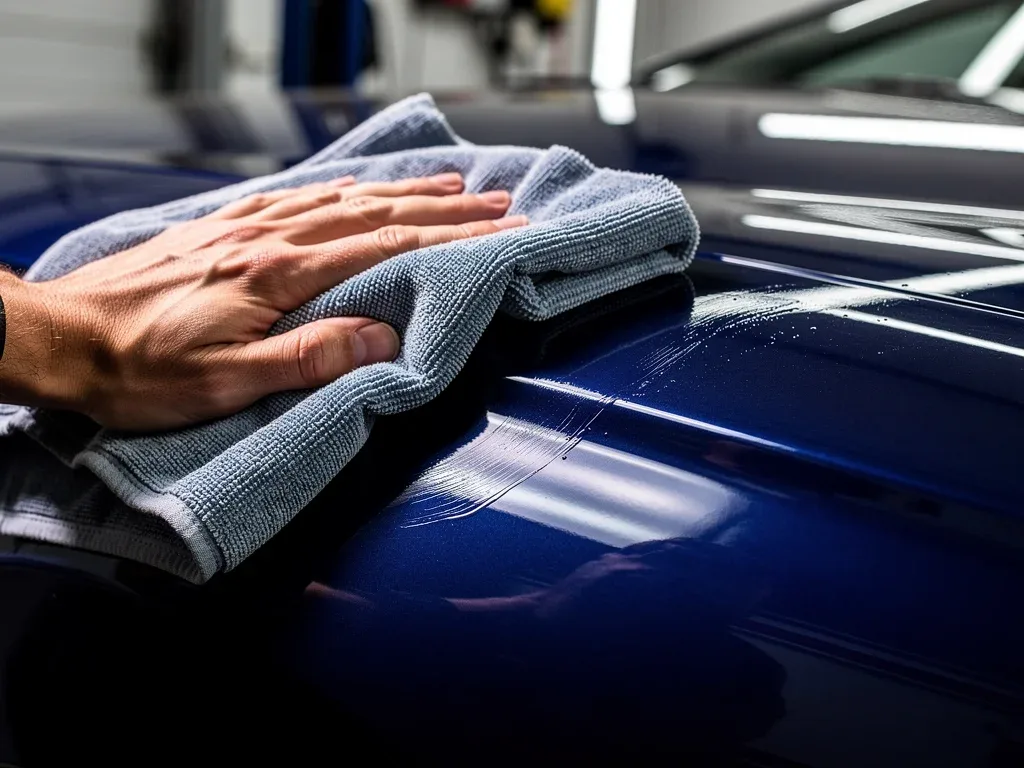 Microfiber cloth buffing a corrected paint spot for a smooth finish.