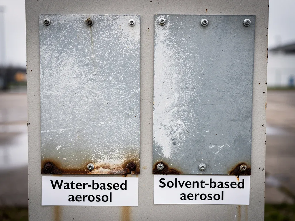 Comparative test panels of water-based and solvent-based aerosol paints after UV exposure