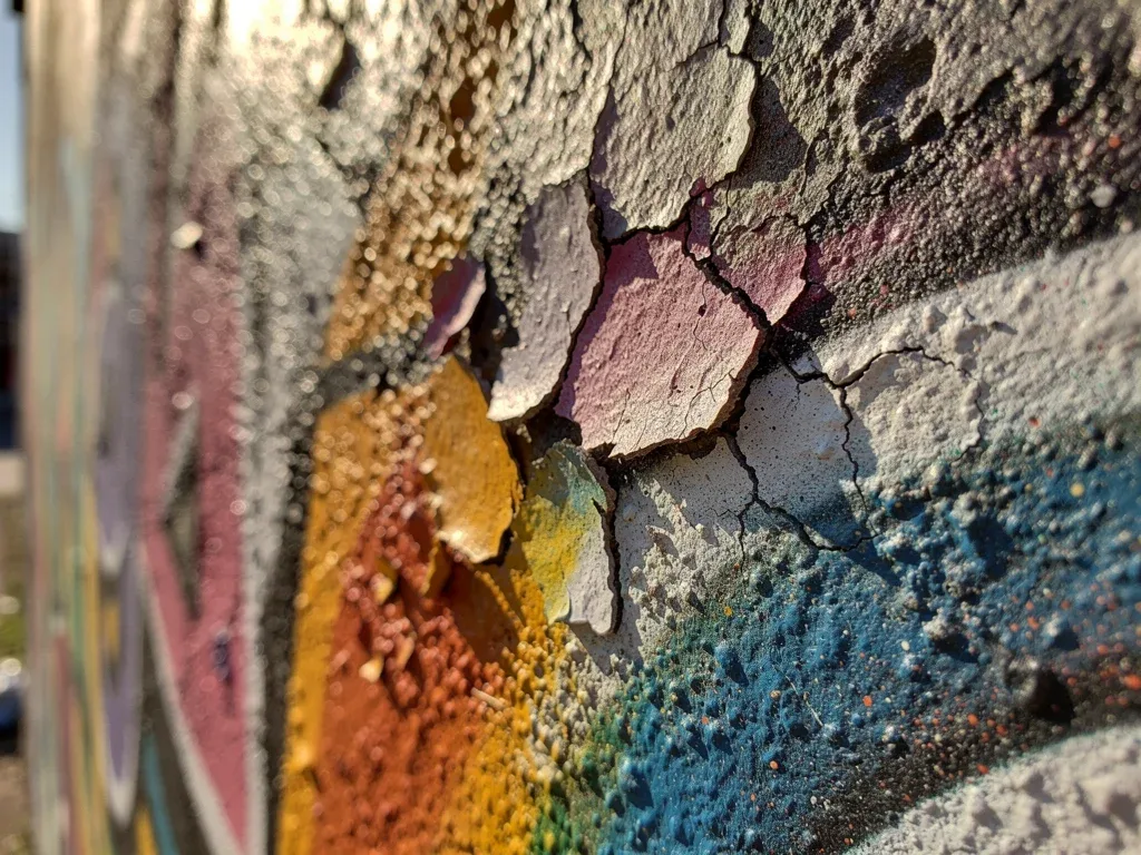 Close-up of mural showing color degradation and cracking from UV exposure