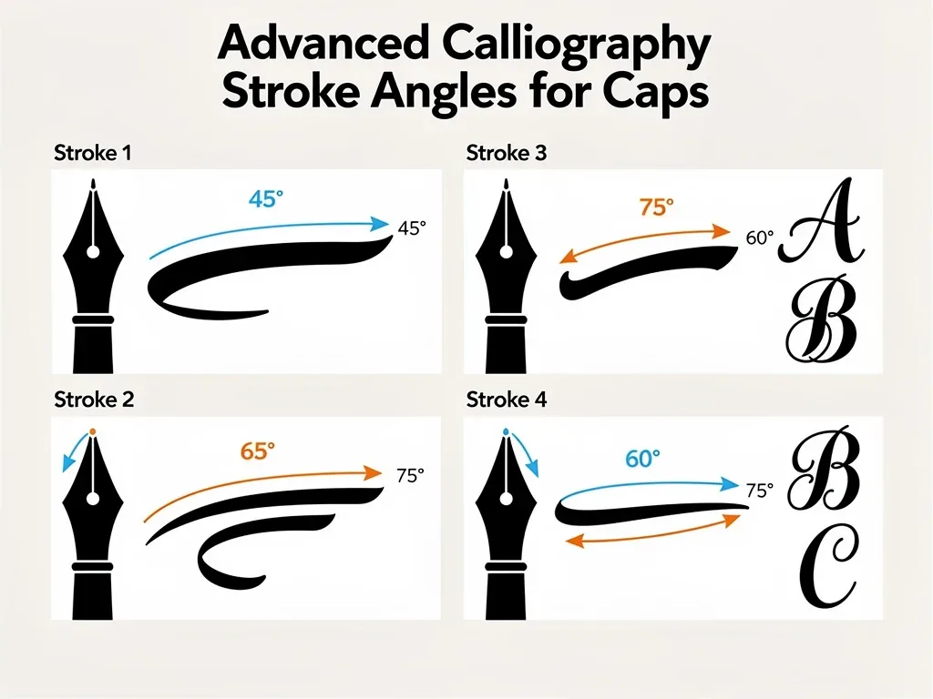 Diagram showing different practice angles for broad-edge calligraphy caps