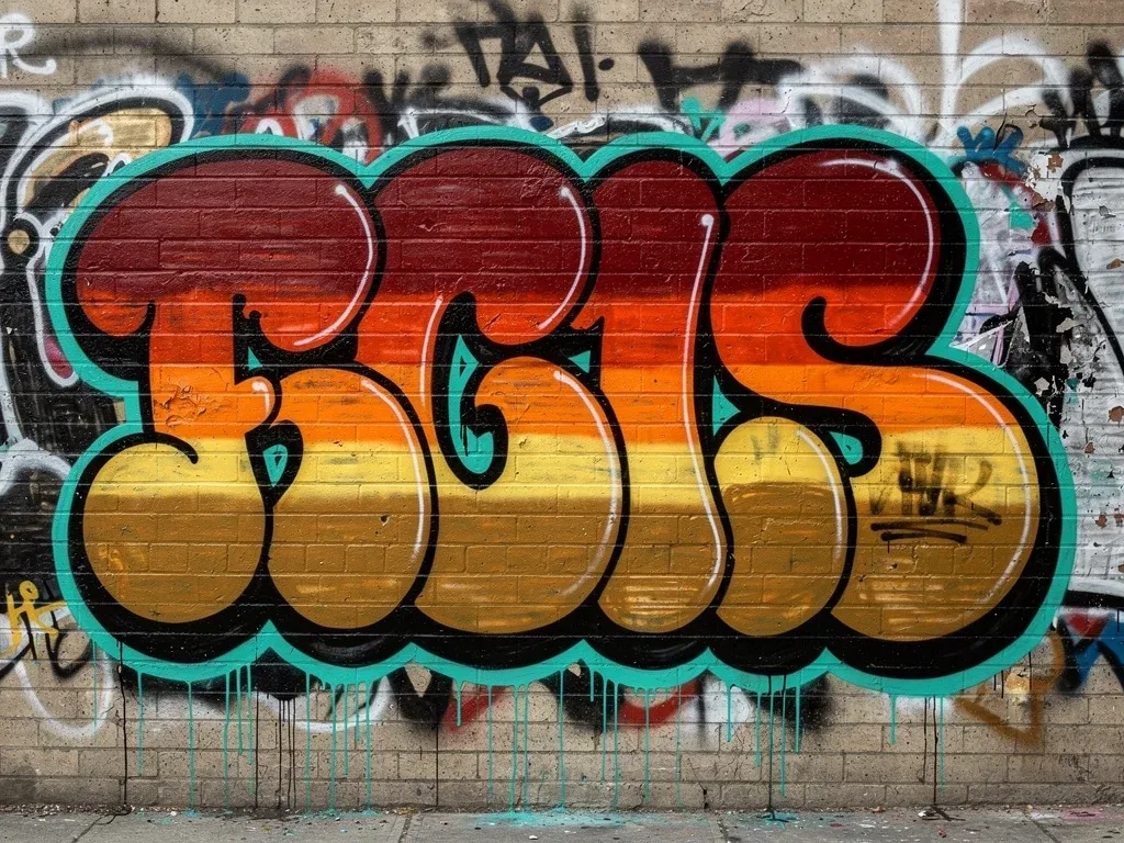 Layered graffiti-style lettering with analogous colors and strong edge contrast.