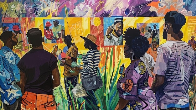 A detailed street art piece being admired by a diverse group of people, possibly in a designated art district or during a public art festival, highlighting the positive social impact and community engagement of legal graffiti art.