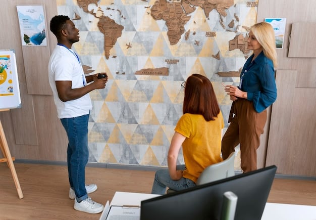 A diverse group of community organizers and artists gathered around a map, planning out mural locations and discussing logistics in a bright, modern community center.