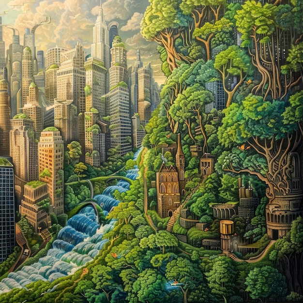A vibrant, eco-themed mural on the side of a building, illustrating a lush forest merging with urban elements, adorned with symbols of renewable energy and a message of environmental protection.