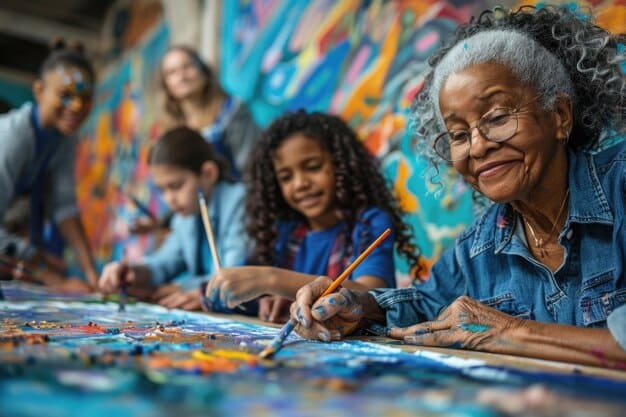A diverse group of community members, including children and elderly individuals, collaboratively painting a section of a large mural. The scene highlights community bonding and creative expression.