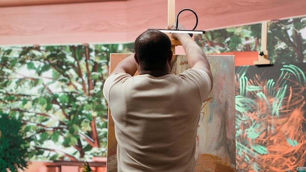 A photographer adjusting their camera settings while looking at a large, vibrant graffiti mural, with a tripod set up in front of the artwork. The scene is well-lit by natural, soft light.