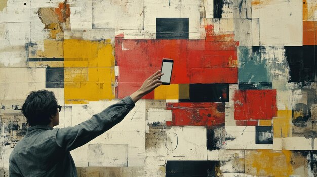 A person holding a smartphone up to a vibrant abstract mural on a building wall, with translucent digital lines and geometric shapes appearing on the phone screen, clearly showing the augmented reality effect.