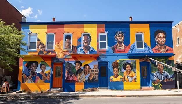 A diverse group of people, including community elders and young artists, collaborating on a large, colorful mural on a building wall in an urban neighborhood, depicting local history and culture.