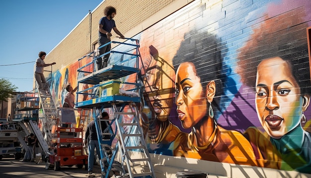 A vibrant, large-scale mural created by a graffiti artist on the side of a building, surrounded by engaged pedestrians admiring the artwork during a public art festival in an urban setting.