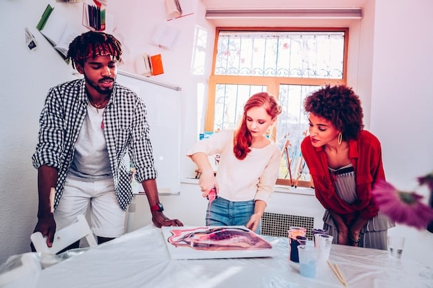 Two graffiti artists in a detailed discussion, gesturing towards a blueprint or sketch of a mural, with spray cans and other art supplies on a work table.