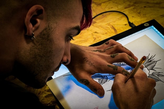 A close-up of a diverse digital graffiti art portfolio on a tablet, displaying various styles from abstract to photorealistic, held by an artist sketching in a studio.
