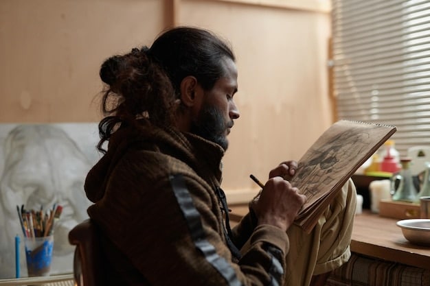 A diverse group of US artists collaboratively sketching graffiti designs, some using digital tablets, others traditional paper, in a well-lit studio space, reflecting creative exchange.