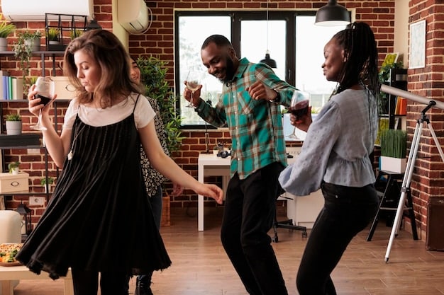 A diverse group of young adults enthusiastically participates in an online dance challenge, following movements demonstrated by a hip hop crew on a screen, with subtle brand placement in the background.