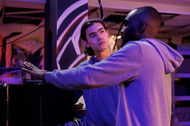 A close-up of two battle rappers engaged in an intense freestyle showdown on a gritty, illuminated stage, surrounded by a cheering, blurred crowd, capturing the focus and energy of the verbal duel.
