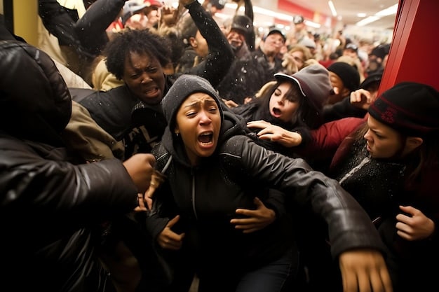 A diverse and energetic crowd passionately reacting to a live rap battle, with hands raised and faces expressing excitement, underscoring the communal and engaging nature of the event in a dimly lit venue.