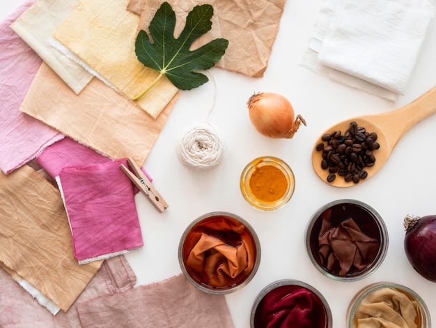 A detailed flat lay of various sustainable fabric swatches, including organic cotton, hemp, recycled polyester, and plant-based textiles. A measuring tape and a small notebook with sketches are also visible, suggesting thoughtful design and material selection.