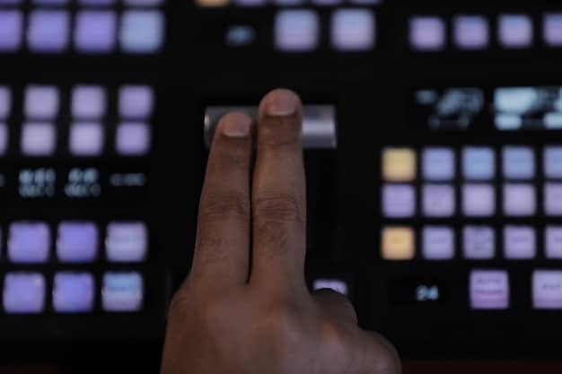 A close-up of a producer's hand adjusting a knob on a digital audio workstation (DAW) screen, where AI-generated waveforms are visibly distinct and complex, suggesting advanced algorithmic manipulation of sound.