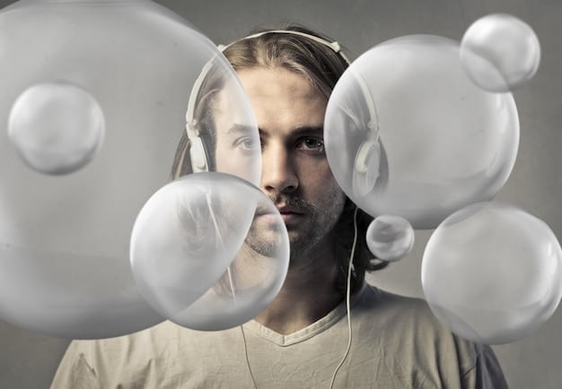A detailed illustration of a person's head with various thought bubbles and emotions swirling around it, some positive, some negative, against a backdrop of musical notes, symbolizing the complex interplay of music and internal experiences.