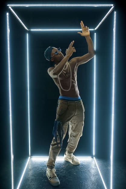 A futuristic image of an independent hip hop artist performing on a virtual stage in a metaverse environment, with diverse avatars of fans in the audience, symbolizing the future of digital performance.